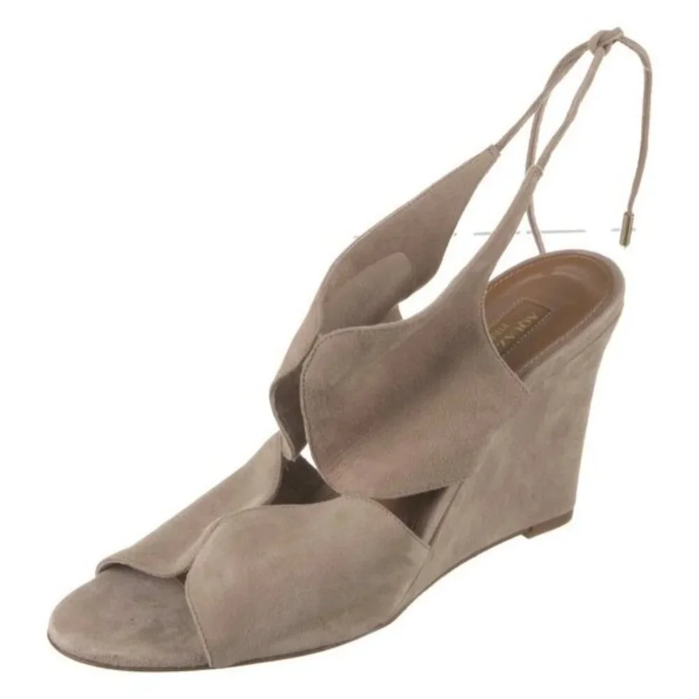 Aquazzura Firenze Sexy Thing Nude Suede Cut Out Slingback Wedges size 39.5 9.5